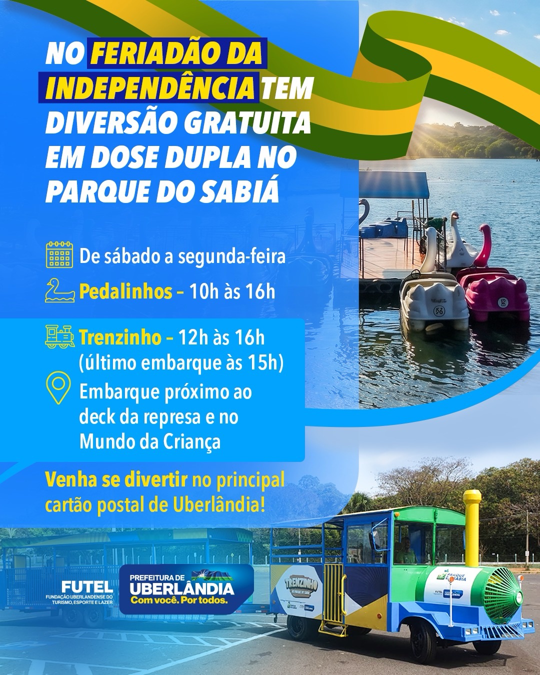 Prefeitura passa a oferecer passeios gratuitos de trenzinho e pedalinhos no Parque do Sabiá aos sábados, domingos e feriados